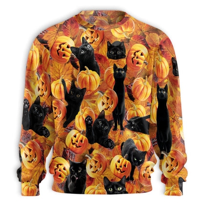 Netecom Halloween Black Cat Pumpkin Sweatshirt 3D All Over Print, Spooky Autumn Outfit, Crewneck Pullover for Costume Party