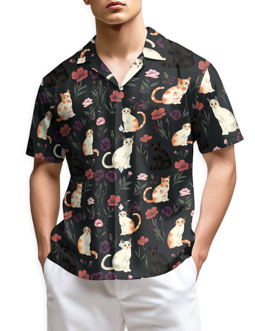 Netecom Cute Cat White Hawaiian Shirt for Men Women, Cat Lover Gifts, Animal Floral Button Down Summer Beach Shirts