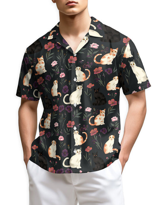 Netecom Cute Cat White Hawaiian Shirt for Men Women, Cat Lover Gifts, Animal Floral Button Down Summer Beach Shirts