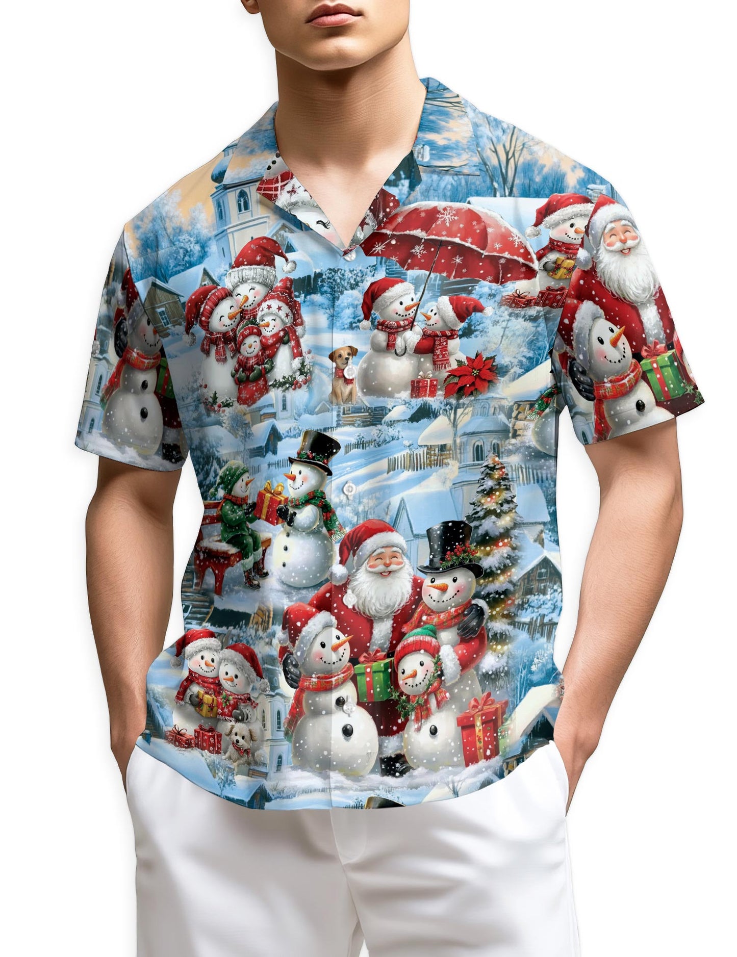 Netecom Snowman and Santa Claus Christmas Hawaiian Shirt, Winter Holiday Village Print Button Down Summer Beach Shirt, S-5XL