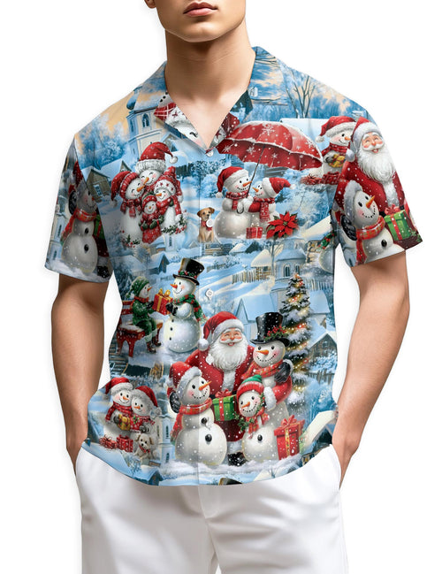 Netecom Snowman and Santa Claus Christmas Hawaiian Shirt, Winter Holiday Village Print Button Down Summer Beach Shirt, S-5XL