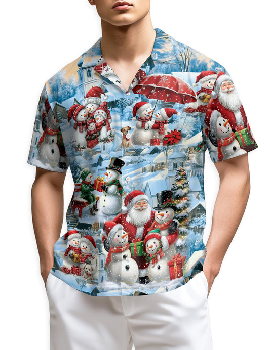 Netecom Snowman and Santa Claus Christmas Hawaiian Shirt, Winter Holiday Village Print Button Down Summer Beach Shirt, S-5XL