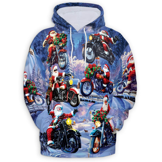 Netecom Santa Claus Riding Motorcycle Print Hoodie with Front Pocket, All Over Funny Biker Graphic Sweatshirt Unisex Casual