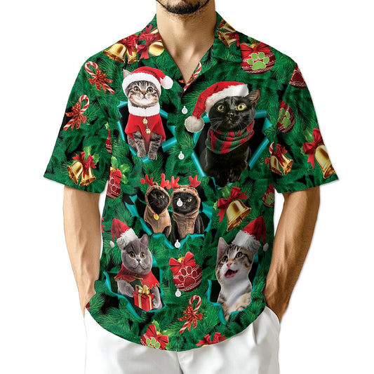 Netecom Christmas Cats Hawaiian Shirt for Men, Cute Kitten Holiday Print Button Down Summer Beach Short Sleeve Shirt, S-5XL