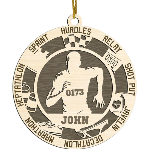 Netecom Track & Field Player Ornament – Personalized Wooden Decoration with Name & Athletic Terms