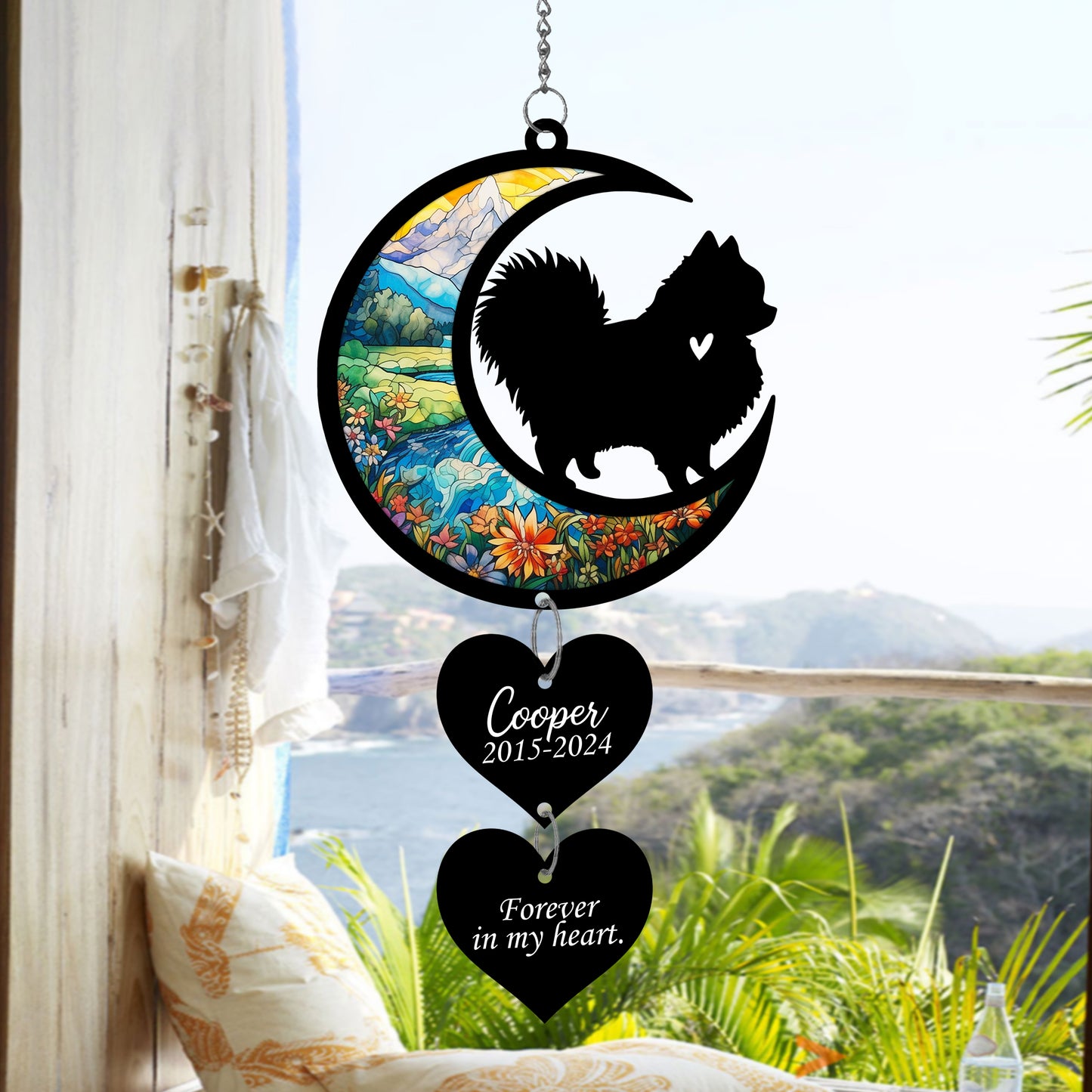 Netecom Personalized Pomeranian Moon Heart Memorial Suncatcher – Dog Loss Sympathy Gift, Pet Remembrance Keepsake