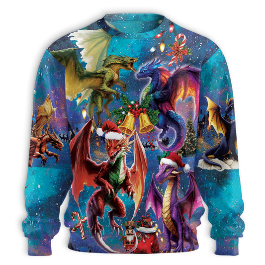 Netecom Dragon Christmas Sweatshirt 3D All Over Print, Mythical Creatures Holiday, Crewneck Pullover for Costume Party