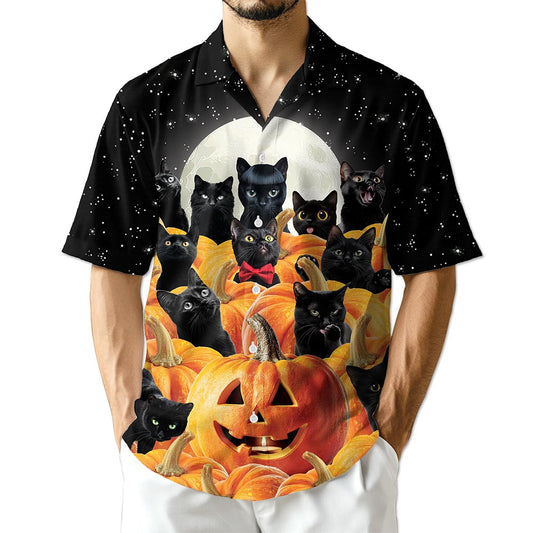 Netecom Cute Black Cat Pumpkin Hawaiian Shirt for Men, Halloween Present, Animal Button Down Summer Beach Shirts, S-5XL