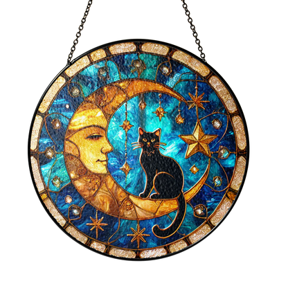 Netecom Black Cat on Moon Stained Glass Suncatcher , Celestial Witchy Window Decor , Unique Gift for Cat Lovers & Mystical Home Accent