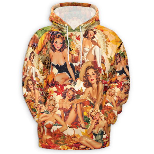 Netecom Fall Pin Up Girl Print Hoodie with Front Pocket, All Over Vintage Autumn Babe Graphic Sweatshirt Unisex Casual