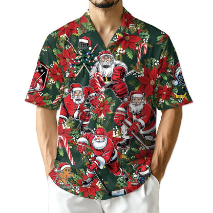 Netecom Santa Claus Hockey Hawaiian Shirt for Men, Funny Christmas Sports Aloha Button Down Summer Beach Shirt, S-5XL