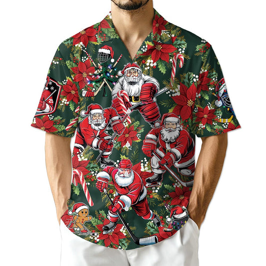 Netecom Santa Claus Hockey Hawaiian Shirt for Men, Funny Christmas Sports Aloha Button Down Summer Beach Shirt, S-5XL