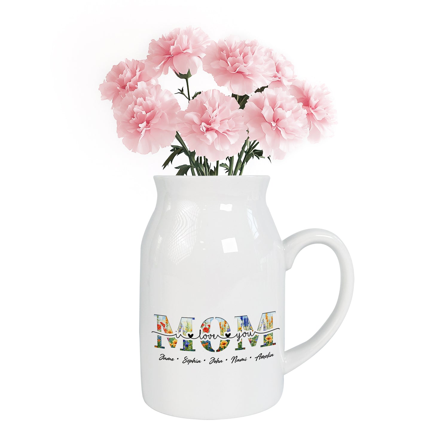 Netecom Personalized MOM Flower Vase with Custom Names, Elegant Ceramic Jug Gift for Birthday, Christmas, or Mother’s Day