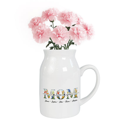 Netecom Personalized MOM Flower Vase with Custom Names, Elegant Ceramic Jug Gift for Birthday, Christmas, or Mother’s Day