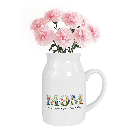Netecom Personalized MOM Flower Vase with Custom Names, Elegant Ceramic Jug Gift for Birthday, Christmas, or Mother’s Day