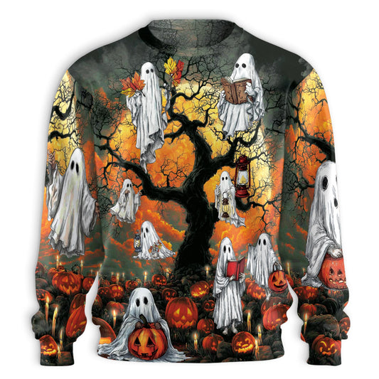 Netecom Halloween Ghost Pumpkin Sweatshirt 3D All Over Print, Spooky Night Outfit, Crewneck Pullover for Costume Party