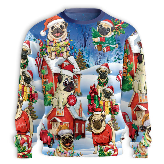 Netecom Funny Pug Christmas Sweatshirt 3D All Over Print – Unisex Crewneck Pullover, Lightweight Fleece Casual Outfit