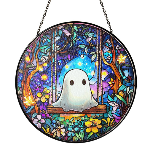 Netecom Ghost on Swing Stained Glass Suncatcher, Enchanted Forest Window Hanging, Colorful Glass Decor, Unique Gift for Halloween and Home Accent