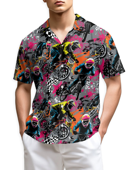 Netecom Freestyle BMX Hawaiian Shirt for Men, Colorful Pop Art Bicycle Rider Graphic Button Down Shirt