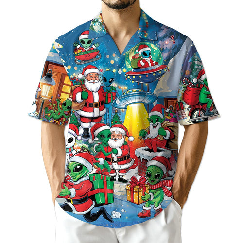 Netecom Alien and Santa Claus Christmas Hawaiian Shirt for Men, Funny UFO Holiday Button Down Summer Beach Shirts, S-5XL