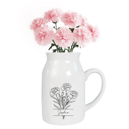 Netecom Custom Birth Month Flower Ceramic Vase with Name Personalization, Minimalist Floral Jug, Perfect Gift for Birthday