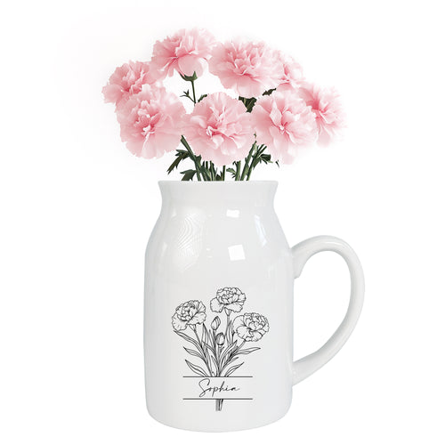 Netecom Custom Birth Month Flower Ceramic Vase with Name Personalization, Minimalist Floral Jug, Perfect Gift for Birthday