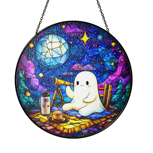 Netecom Spooky Stargazer Stained Glass Suncatcher , Funny Ghost Telescope Ornament , Unique Halloween & Celestial Home Decor Gift