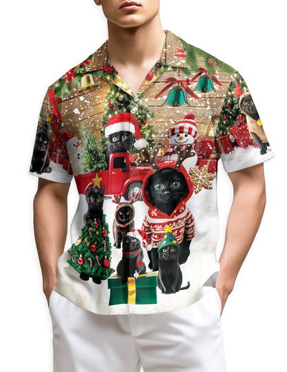 Netecom Black Cat Christmas Hawaiian Shirt for Men, Funny Holiday Kitten in Santa Hat Button Down Shirt, S-5XL