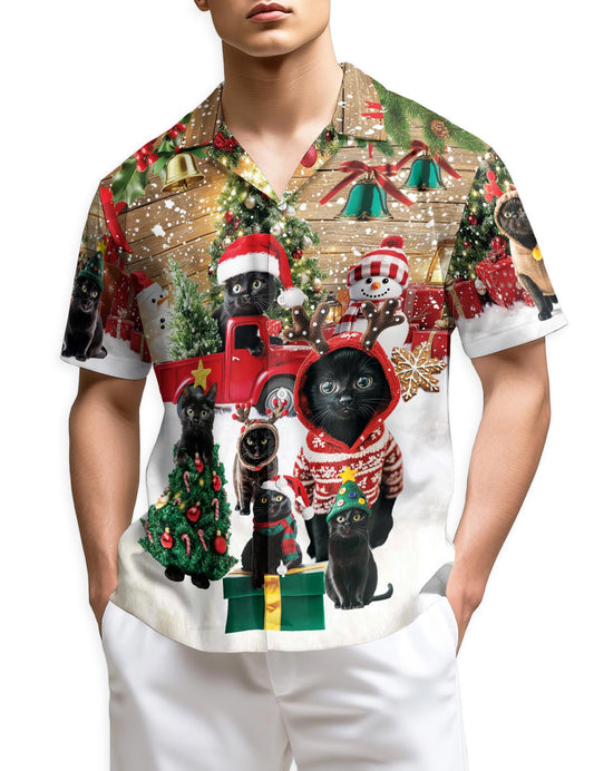 Netecom Black Cat Christmas Hawaiian Shirt for Men, Funny Holiday Kitten in Santa Hat Button Down Shirt, S-5XL