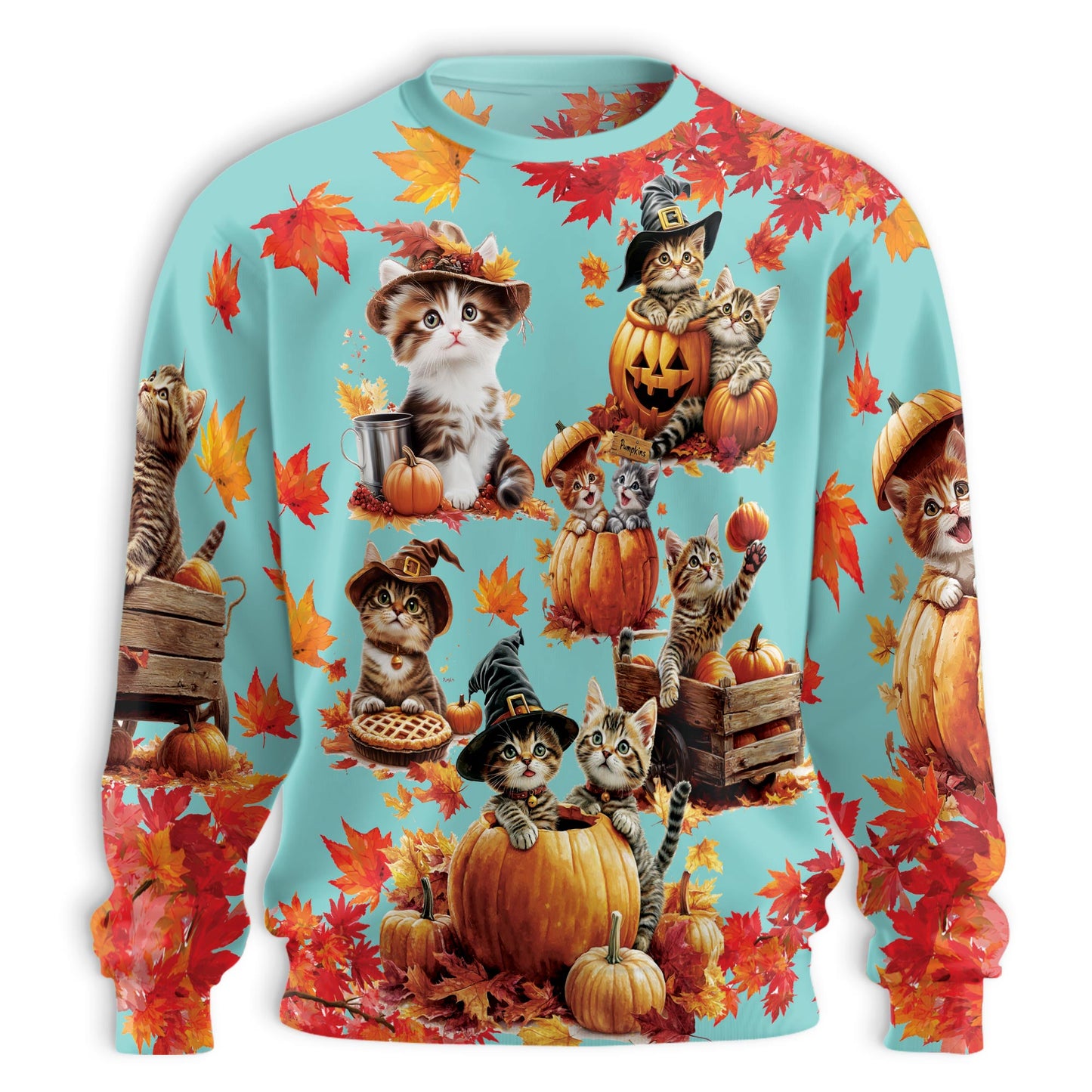 Netecom Thanksgiving Pumpkin Cat Sweatshirt 3D All Over Print, Cute Holiday Autumn Design, Crewneck Pullover for Costume Party