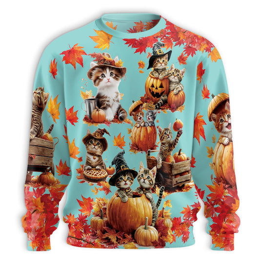 Netecom Thanksgiving Pumpkin Cat Sweatshirt 3D All Over Print, Cute Holiday Autumn Design, Crewneck Pullover for Costume Party