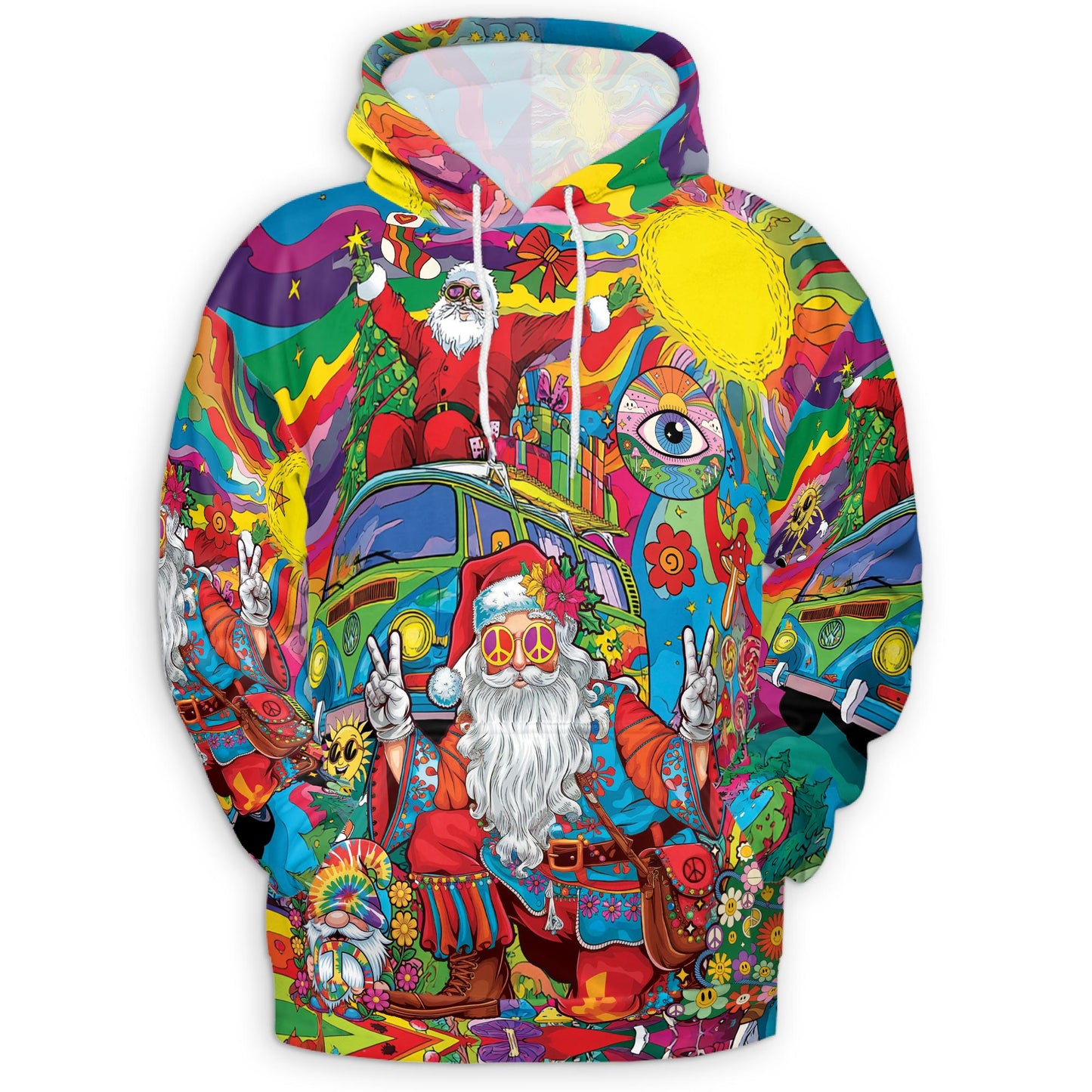 Netecom Hippie Santa Claus Print Hoodie with Front Pocket, All Over Funny Christmas Holiday Graphic Sweatshirt Unisex Casual