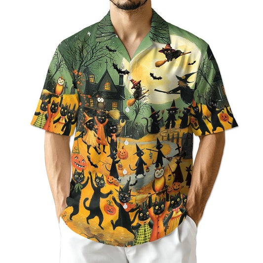 Netecom Black Cat Hawaiian Shirt for Men, Halloween Present, Animal Pumpkin Button Down Summer Beach Shirts, S-5XL