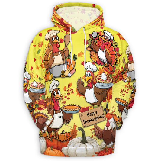 Netecom Happy Thanksgiving 3D Hoodie with Front Pocket, Unisex Casual All Over Fall Leaves Pumpkin Graphic Sweatshirt