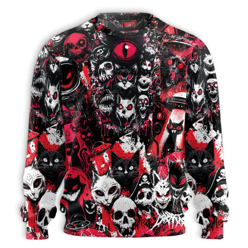 Netecom Creepy Cat Skull Horror Sweatshirt 3D All Over Print – Unisex Crewneck Pullover, Lightweight Fleece Casual Outfit