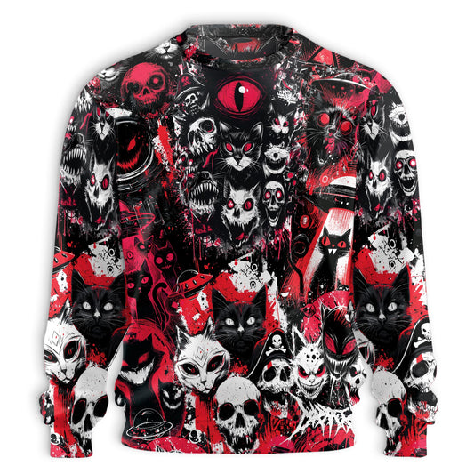 Netecom Creepy Cat Skull Horror Sweatshirt 3D All Over Print – Unisex Crewneck Pullover, Lightweight Fleece Casual Outfit