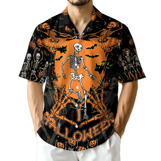 Netecom Dancing Ghost Halloween Hawaiian Shirt for Men, Scary Dancing Skeleton Button Down Summer Beach Shirts