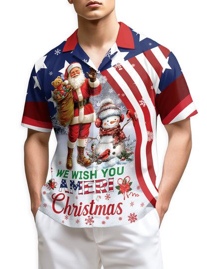 Netecom We Wish You Ameri Christmas Hawaiian Shirt, Patriotic Santa Snowman Flag Button Down Shirt