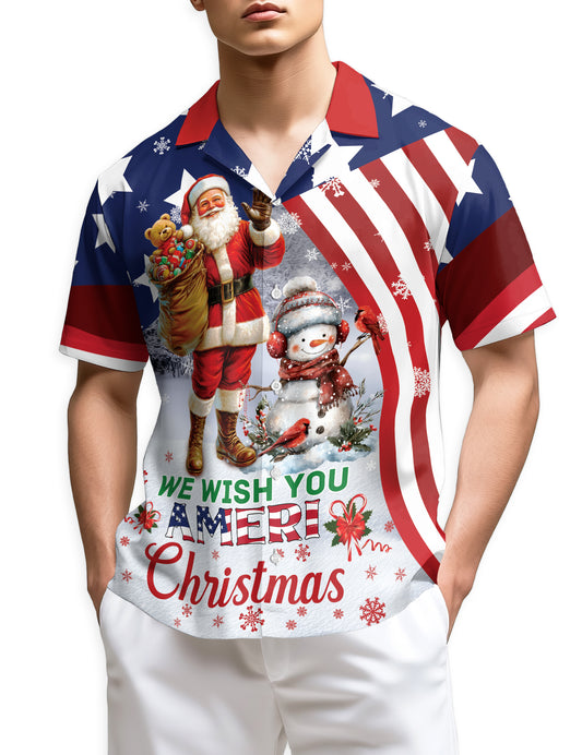 Netecom We Wish You Ameri Christmas Hawaiian Shirt, Patriotic Santa Snowman Flag Button Down Shirt