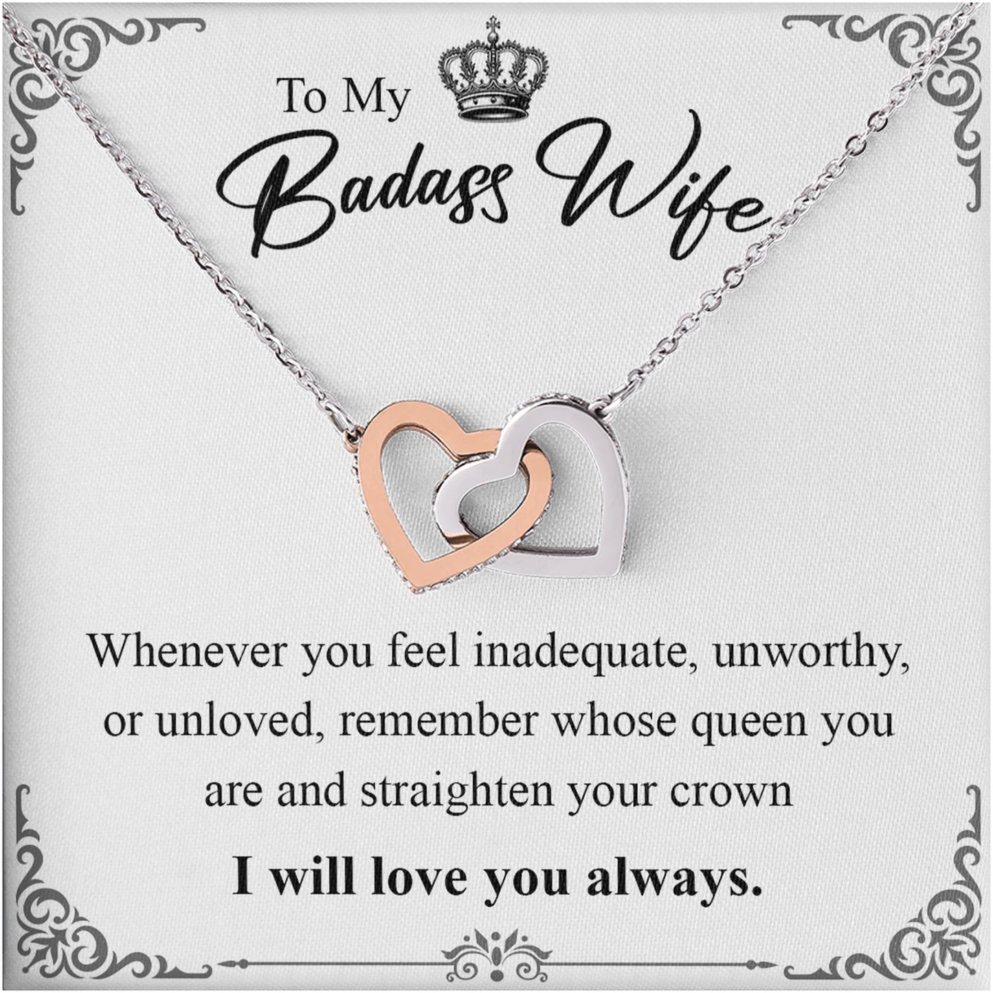 Netecom Personalized To My Badass Wife Necklace from Husband, Custom Message Card with Name, Interlocking Heart Jewelry Gift for Wedding, Birthday, Christmas