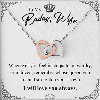 Netecom Personalized To My Badass Wife Necklace from Husband, Custom Message Card with Name, Interlocking Heart Jewelry Gift for Wedding, Birthday, Christmas