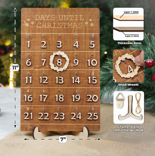 Netecom Wooden Christmas Countdown Sign – 2 Layer Holiday Calendar with Wreath Marker, Festive Countdown Decor for Christmas and Holiday Season