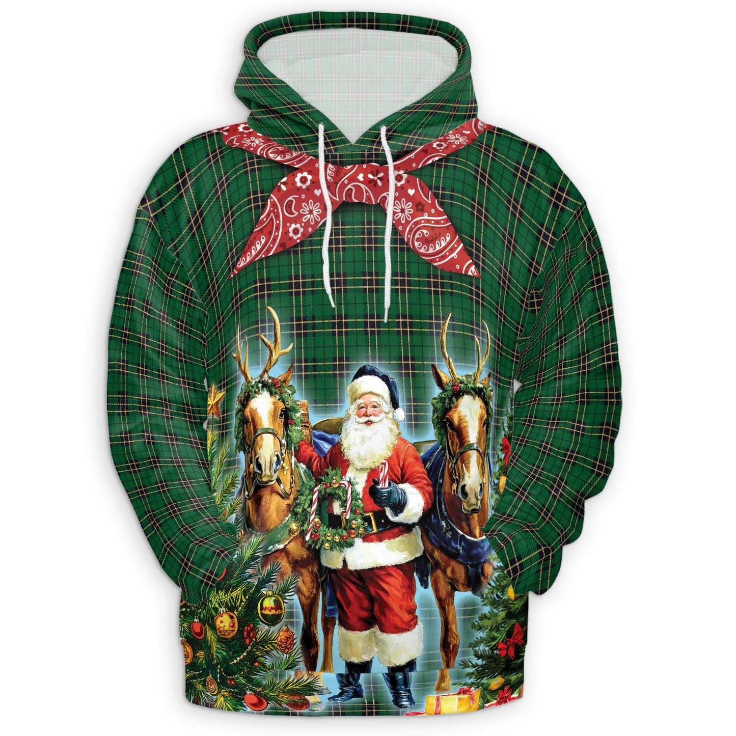 Netecom Santa Claus Cowboy Christmas Pattern 3D Hoodie with Front Pocket, Unisex Casual All Over Graphic Sweatshirt