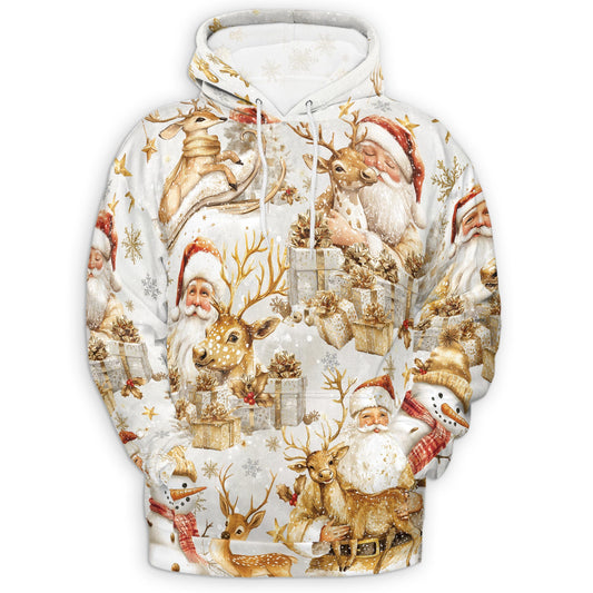 Netecom Golden Santa Claus and Reindeer Christmas Print Hoodie with Front Pocket, All Over Graphic Sweatshirt Unisex Casual