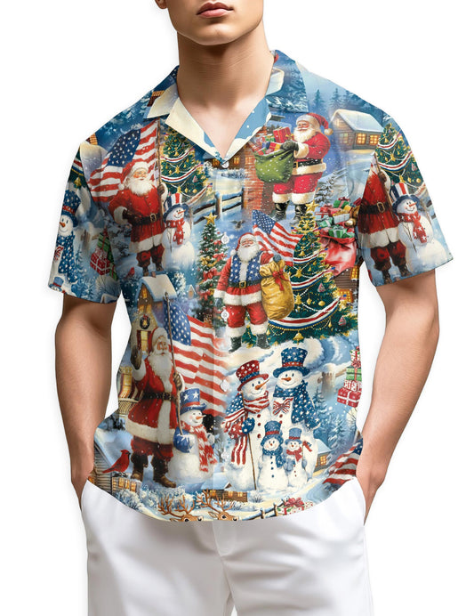 Netecom Vintage Santa Claus American Flag Christmas Hawaiian Shirt, Patriotic Holiday Print Button Down Shirt, S-5XL