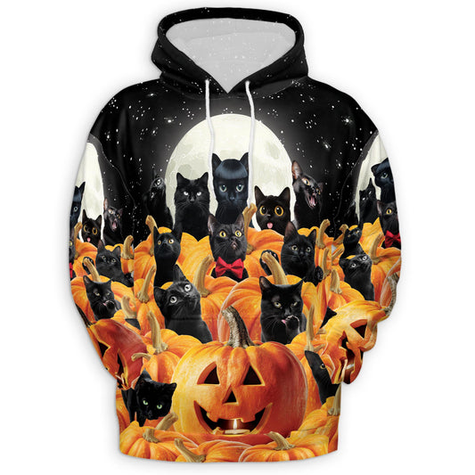 Netecom Cute Black Cat Pumpkin Halloween 3D Print Hoodie with Front Pocket, All Over Graphic Animal Sweatshirt Unisex Casual