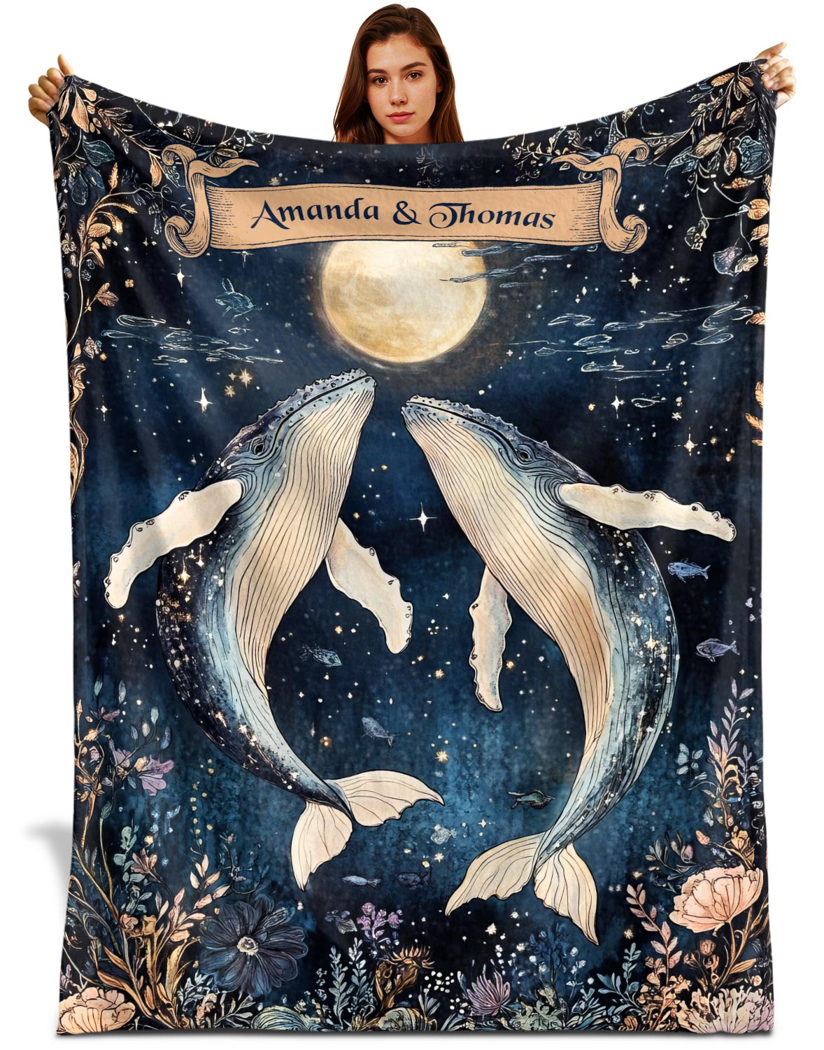 Netecom Personalized Couple Whale Blanket, Custom Name Ocean Moon Throw Blanket for Couch, Bed or Sofa, Ultra Soft Warm, Cute Gift for Husband Wife, Valentine’s Day or Anniversary Present