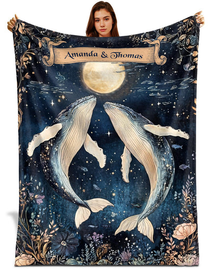 Netecom Personalized Couple Whale Blanket, Custom Name Ocean Moon Throw Blanket for Couch, Bed or Sofa, Ultra Soft Warm, Cute Gift for Husband Wife, Valentine’s Day or Anniversary Present