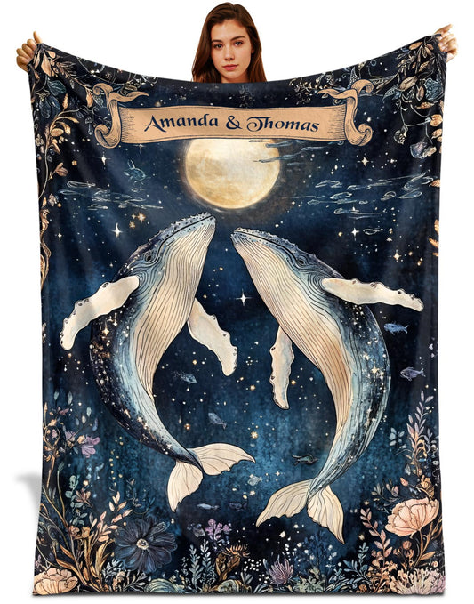 Netecom Personalized Couple Whale Blanket, Custom Name Ocean Moon Throw Blanket for Couch, Bed or Sofa, Ultra Soft Warm, Cute Gift for Husband Wife, Valentine’s Day or Anniversary Present
