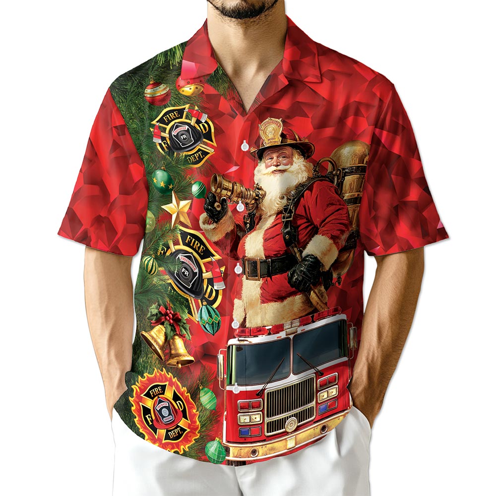 Netecom Firefighter Santa Claus Christmas Hawaiian Shirt for Men, Fire Truck Holiday Button Down Summer Beach Shirt, S-5XL
